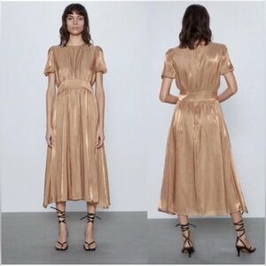 Zara Copper Satin Midi Dress Gold Shiny Fit And Flare Short Puff Sleeves Large